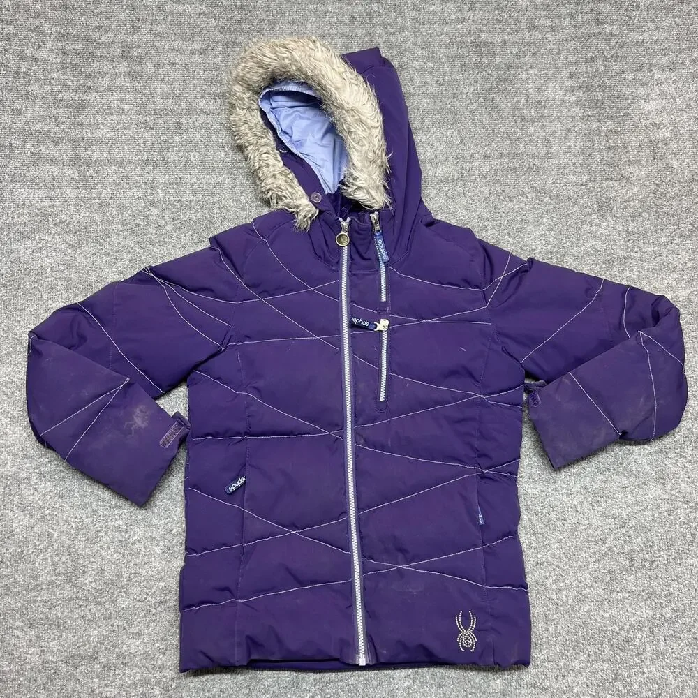 Spyder Ski Jacket Girls 14 Purple Hooded Puffer Insulated Faux Fur Winter Coat